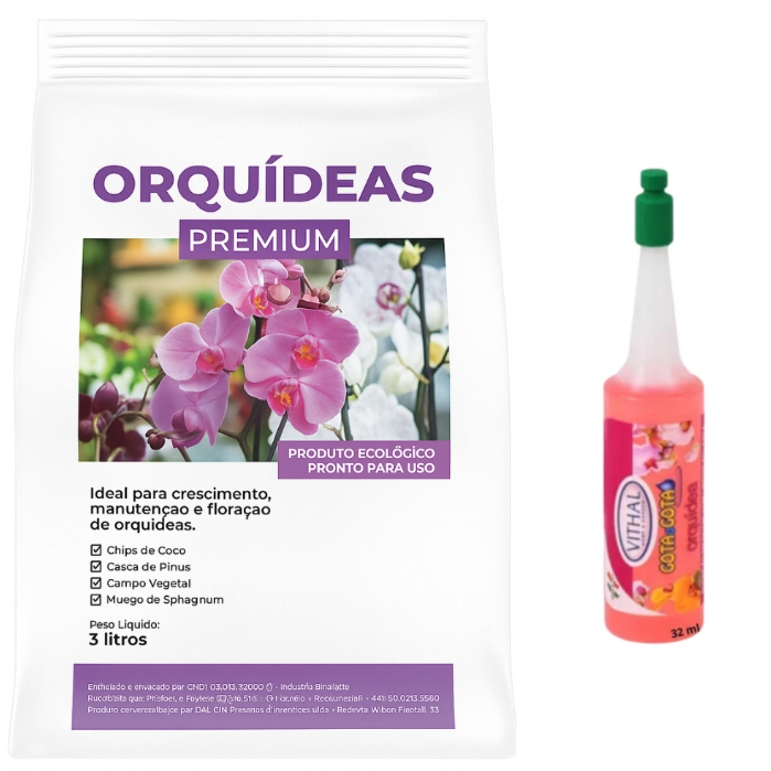 Kit Fertilizante Gota a Gota Orquídeas Ampola 32 ml Vithal mais Substrato Orquidea 3L Mogifertil