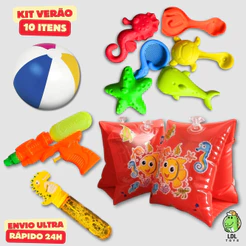 Kit 10 Brinquedos Verão Praia Piscina Boia Bola Areia Forminhas Bolha Sabão Presente Infantil
