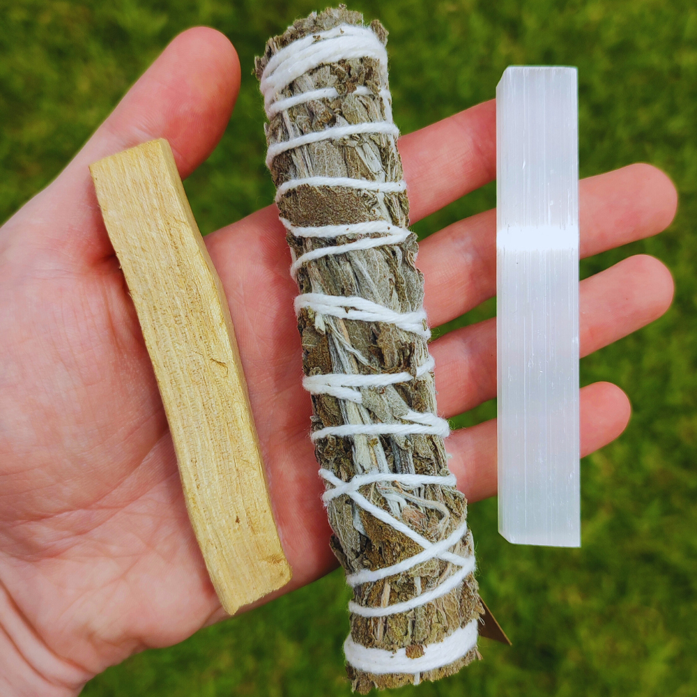 Kit Purificação: Bastão de Sálvia + Palo Santo + Bastão de Selenita | Incensos e Pedras Naturais