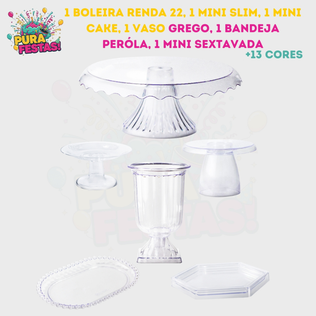 Kit - 1 Boleira Renda 22, 1 Mini Cake, 1 Mini Slim, 1 Vaso Grego, 1 Bandeja Pérola, 1 Mini Sextavada em Oferta na Shopee