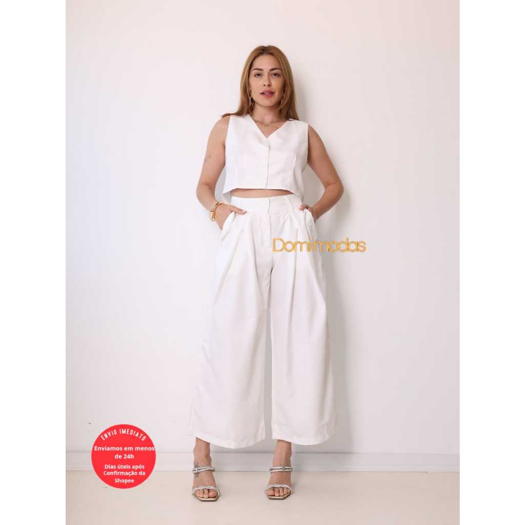 Domi Modas- Conjunto Feminino Colete e Calça Pantacourt Luis Twill 91108