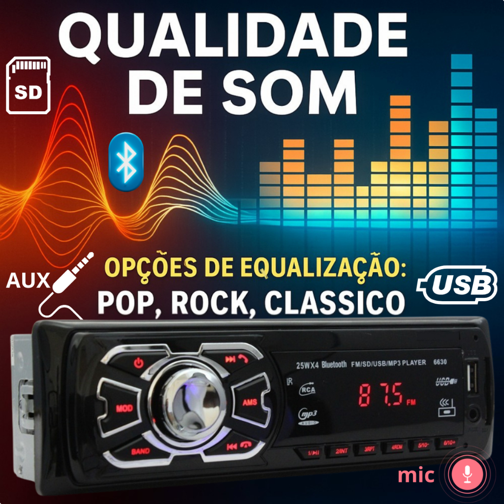 Radio Automotivo Bluetooth com Entrada USB Carregador de Celular First Option MP3 Som Carro 100W · foto 2