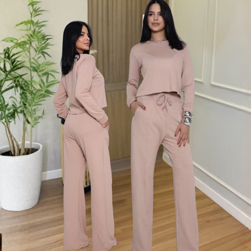 Conjunto Feminino Moletinho com Calça Pantalona , Chic e Super Confortável