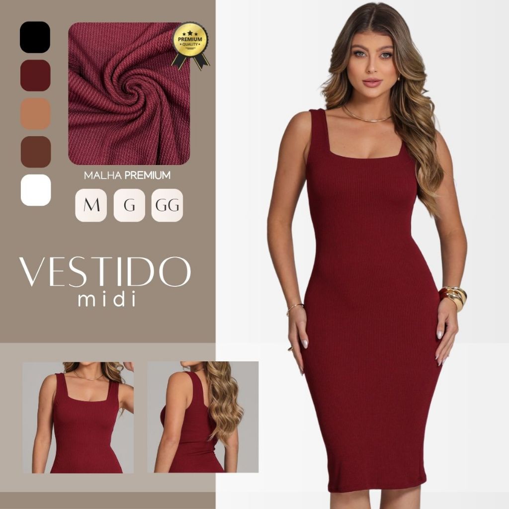 Vestido Feminino Midi Gola Quadrada Acinturado Tubinho M ao GG Ano Novo