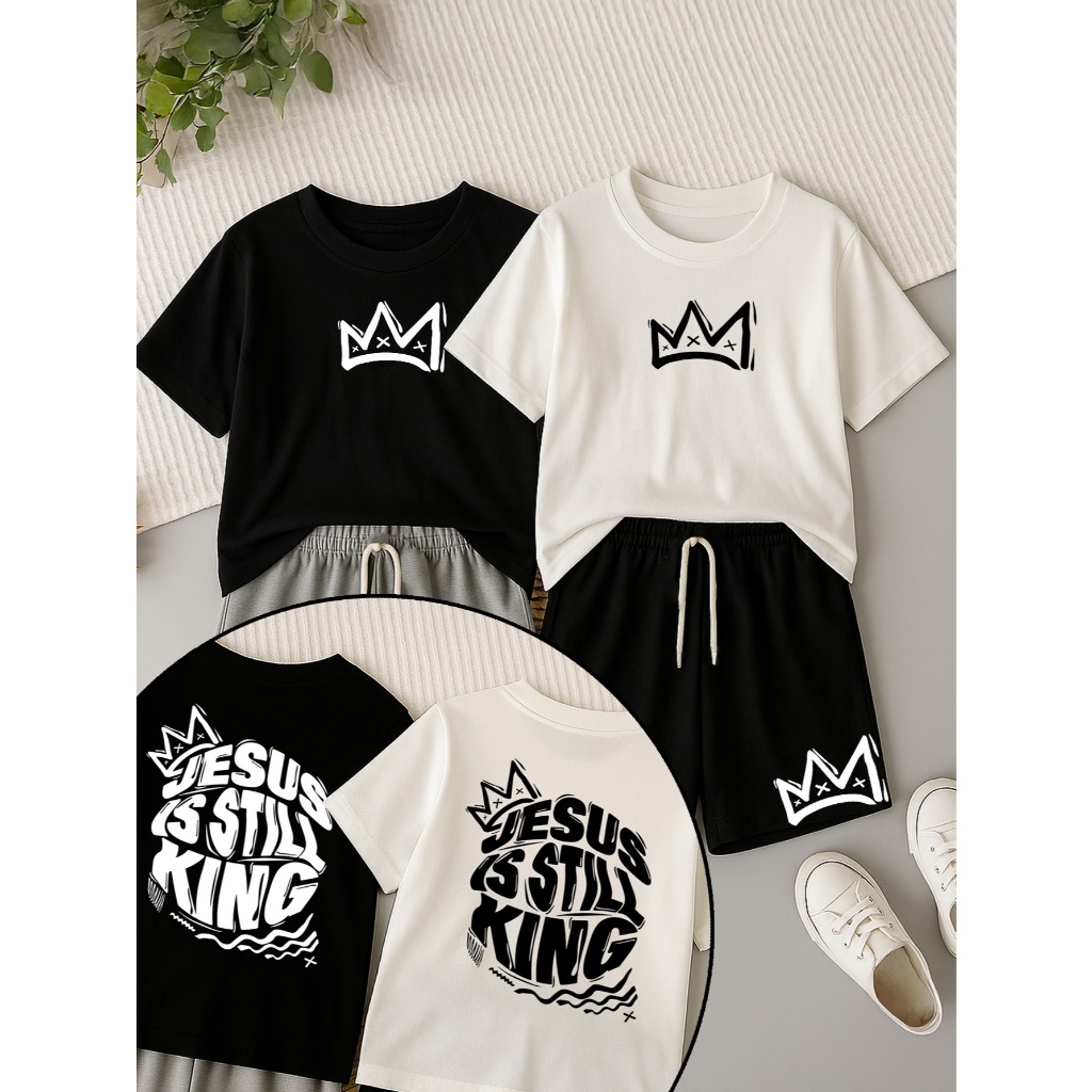 Kit 2 Camisa e 2 Shorts Branco Preto Cinza Jesus Still King 100% Algodão 2 ao 16 anos