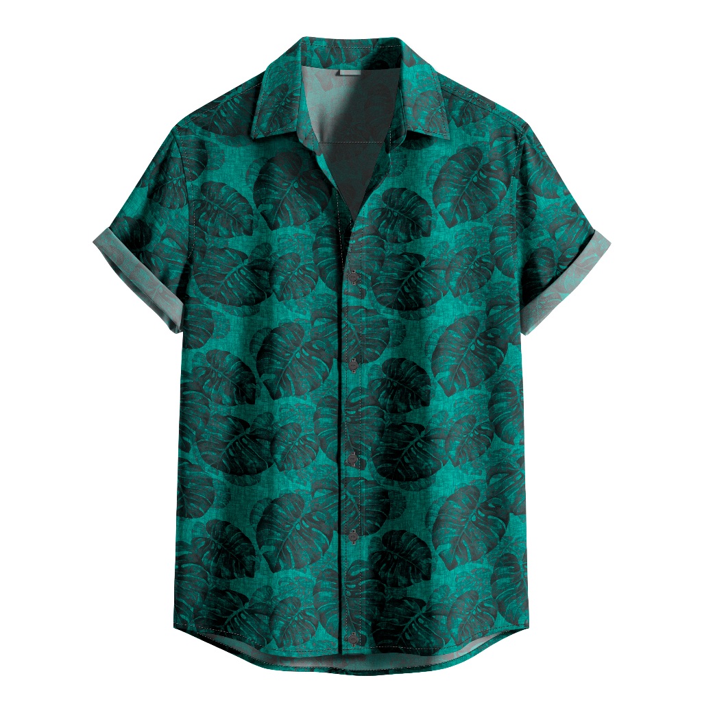 Camisa De Botão Camisa Moda Verão Estampa Floral Folhas Verde Escuro [Ref-499]