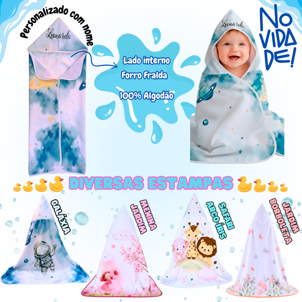Toalha de banho para bebê personalizada bordada com nome no capuz com forro fralda 100% algodão em Oferta na Shopee