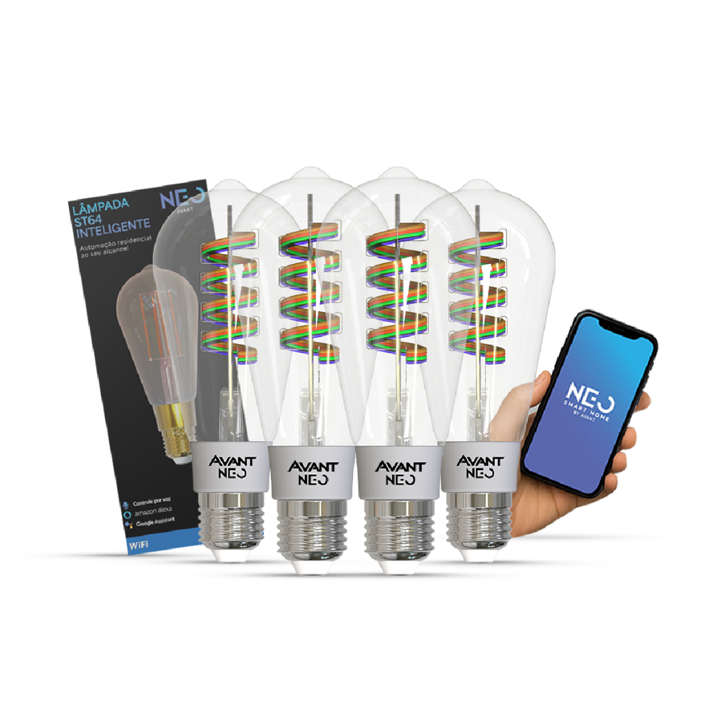 Kit 1, 2, 3 ou 4 Lampada Pera Smart St64 6w 2700k/6500k/rgb Neo Avant em Oferta na Shopee