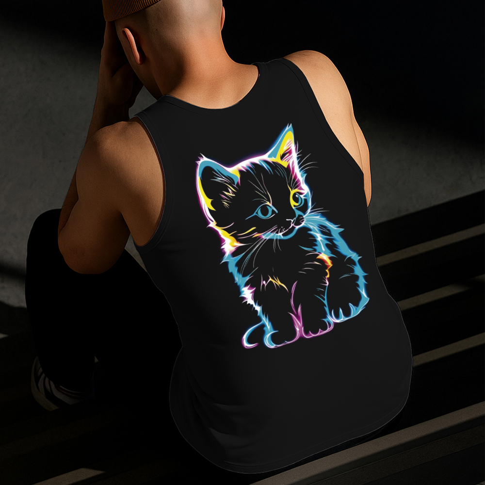 Camiseta Regata Masculina Estampada Gato Neon 100% Algodão Estilo Conforto Diário Do Tamanho P ao GG