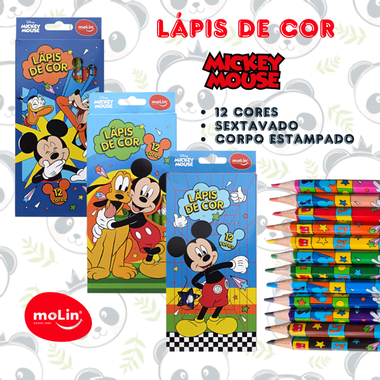 Lápis de Cor 12 Cores Mickey Mouse 3 Modelos Sextavado Disney | Molin em Oferta na Shopee