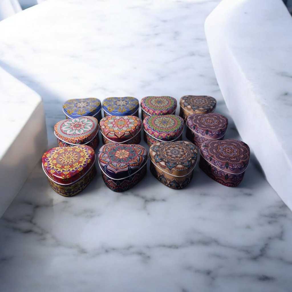 Pote de aluminio 12 unidade latinha pequena 70ml em formato de CORAÇÃO mandala decorativa /pote lata a seco  (vazia) em Oferta na Shopee