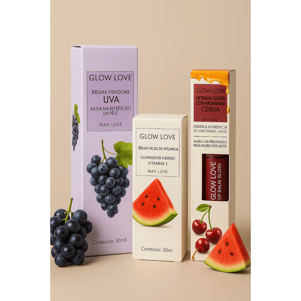 Kit Cuidado Facial Completo com Lib Balm Cereja, Sérum Melancia e Bruma Uva Para Pele Hidratada