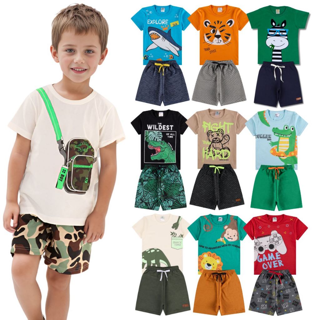 Kit Sortido 10 Peças de Roupas Infantil Menino- 5 Camisetas + 5 Bermudas - Kit 5 Conjuntos de Roupa Verão Masculino Bebê