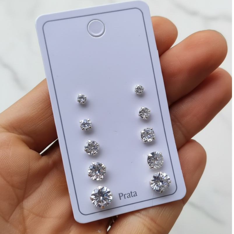 Kit 5 Pares de Brincos Prata 925 - Ponto de Luz Redondo em Oferta na Shopee