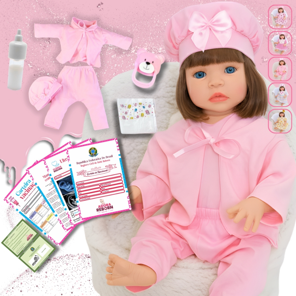 Bebê Reborn Realista com corpo de Silicone Articulada Cílios e Cabelo Castanho e Costurado pode dar Banho.