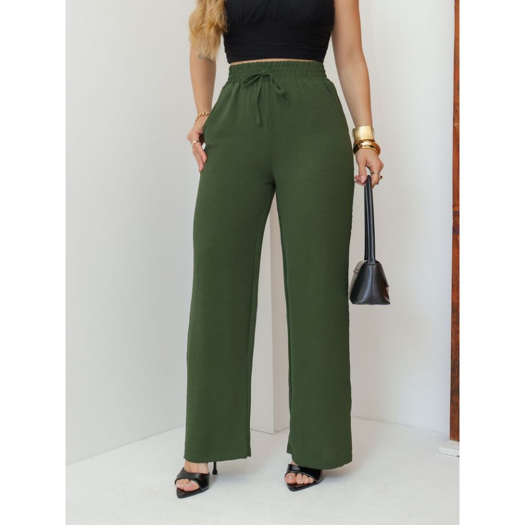 Calça Pantalona Feminina Com Bolso Elástico Na Cintura Tecido Duna Cintura Alta