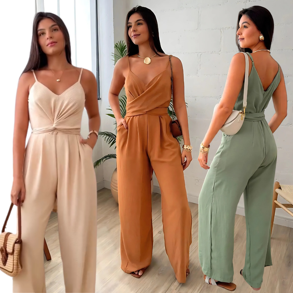 MACACÃO COMPRIDO ALÇA FINA COM REGULADOR LAÇO PARA AMARRAÇÃO NA CINTURA