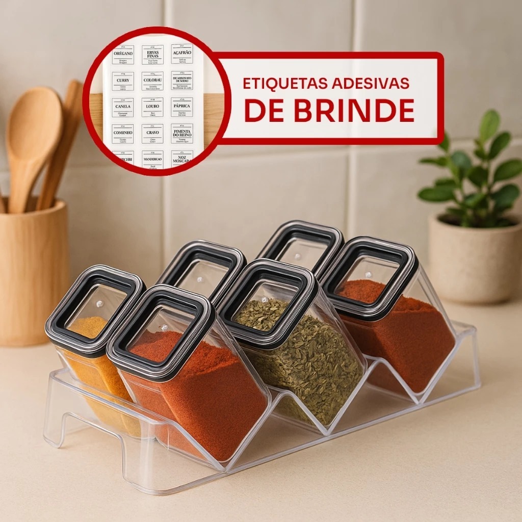 Kit Organizador de Temperos Porta Condimentos Pote Hermético 6 Potes 160 ml e 1 Suporte