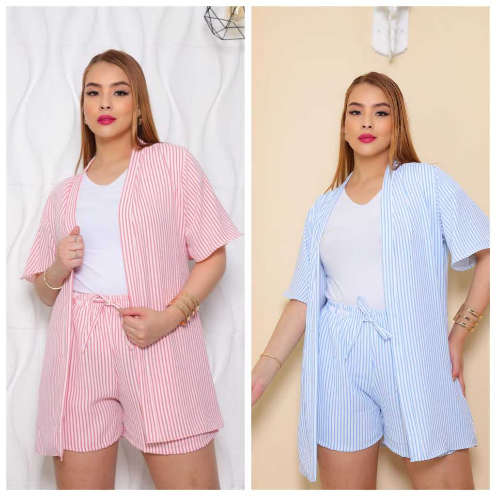 conjunto feminino kimono e short tecido viscolinho listrado
