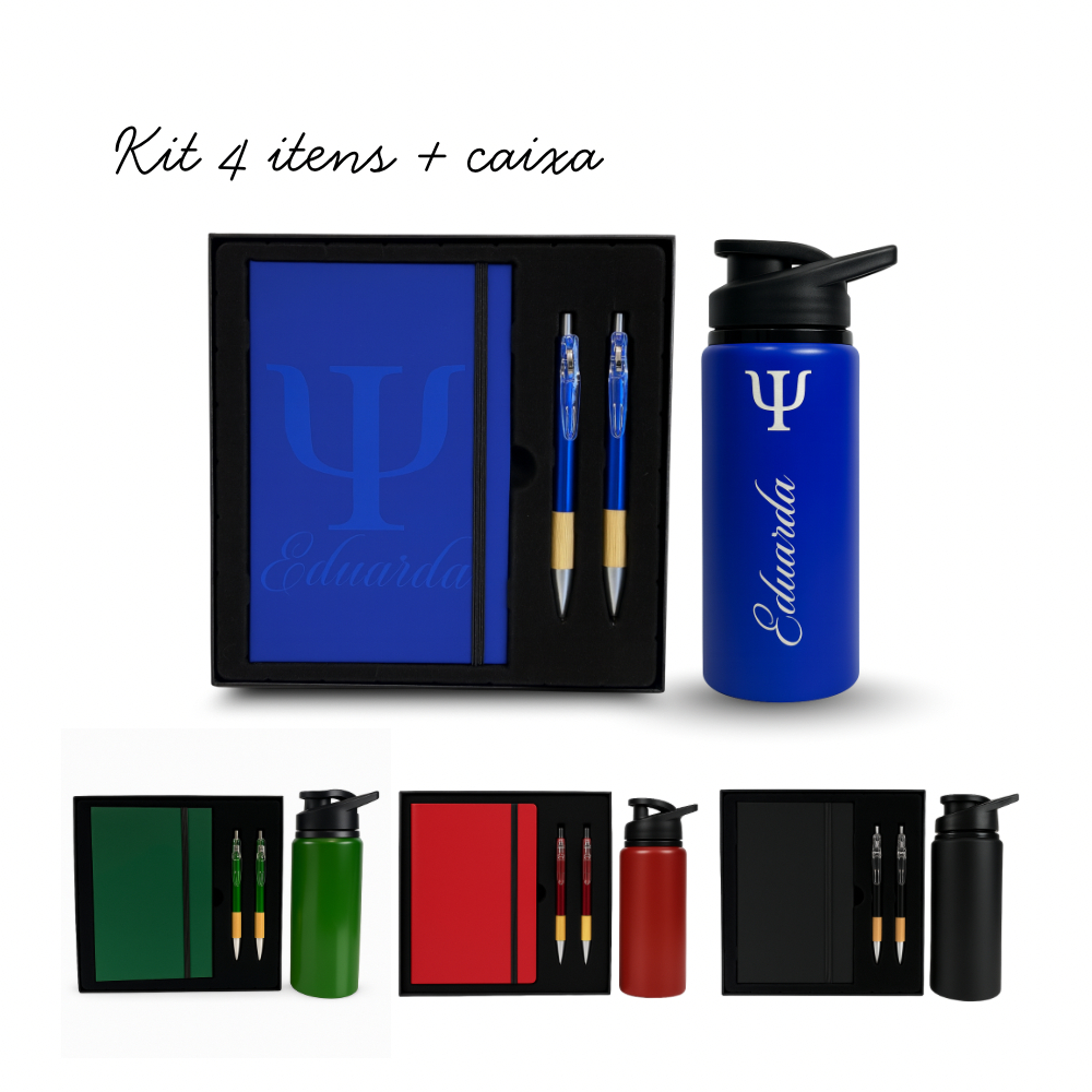 Kit Caderno + Lapiseira + Caneta + Garrafa Personalizado 4 Itens Executivo Presente Empresa