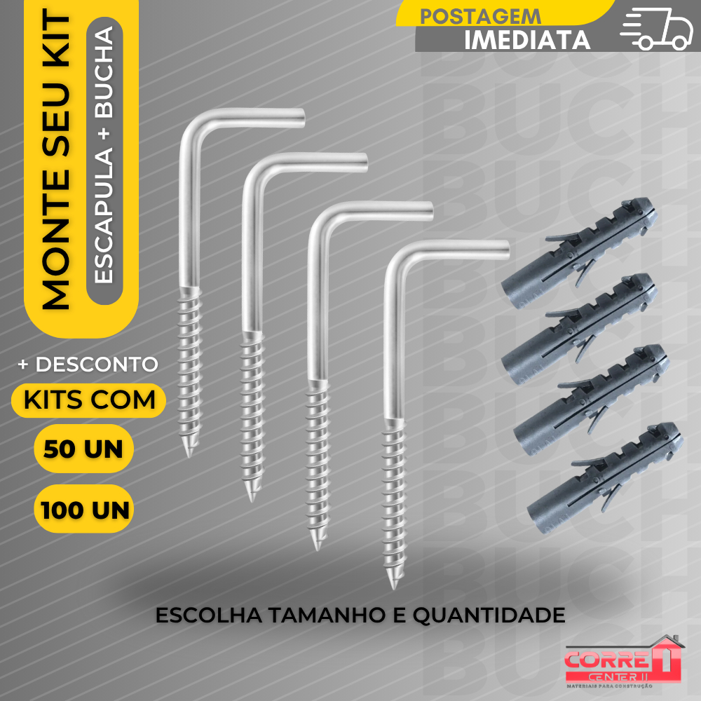Kit de Escapula Gancho em L e Bucha para Fixação de 6, 8 ou 10 mm - 100 peças - São Raphael
