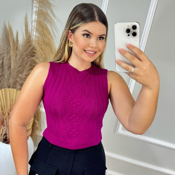 Cropped Blusa Regata Feminina Tricô Canelado Bola Modal Tricot Verão Gola Redonda