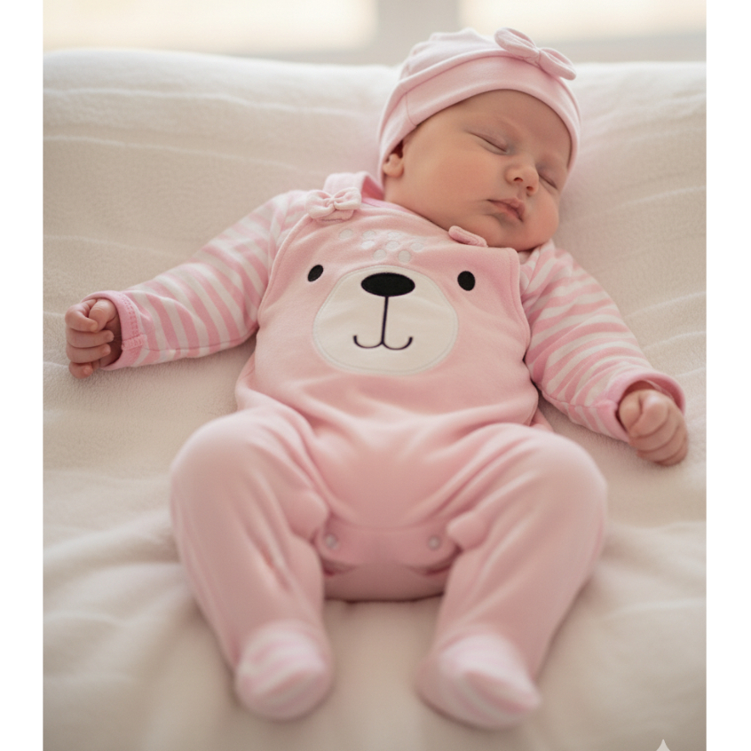 Macacão Bebê Menina Jardineira com Body Manga Longa Kids Amiga Ursa Rosa/Mescla 03 Peças