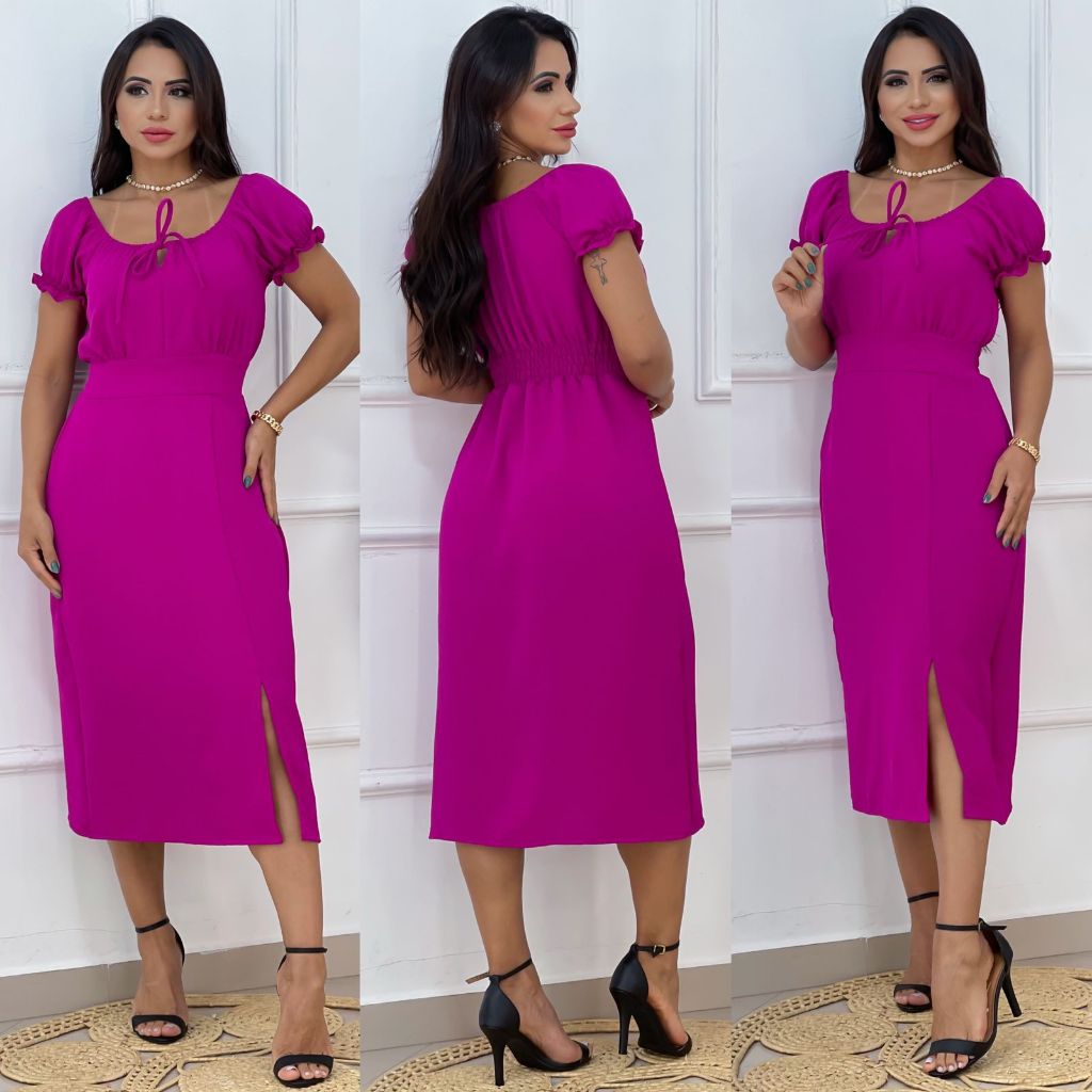 Vestido Feminino Midi liso de DUNA com Manga e Fenda Lateral Lastex nas Costas em Oferta na Shopee
