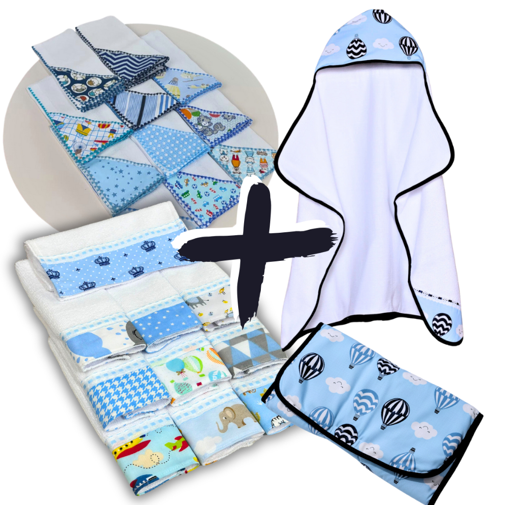 Kit Bebe 14 Peças 1 Toalhas de Banho Bebê Forrada + 6 Fraldinha + 6 Toalhinhas + 1 Trocador Portátil