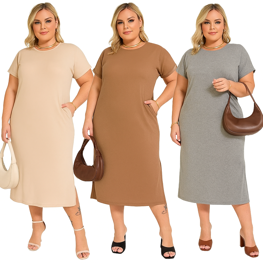 Vestido Plus Size Basico Elegante Confortavel Liso Feminino Malha Canelada Fenda Lateral 2730