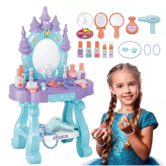 Salão Beleza Infantil Penteadeira Espelho Luz Som Cadeira Secador Brinquedo Menina Maquiagem Fantasia Princesa Acessório