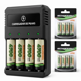 Carregador de Pilhas + Pilhas Recarregáveis AA/AAA/Bateria 9V (Monte seu kit) em Oferta na Shopee