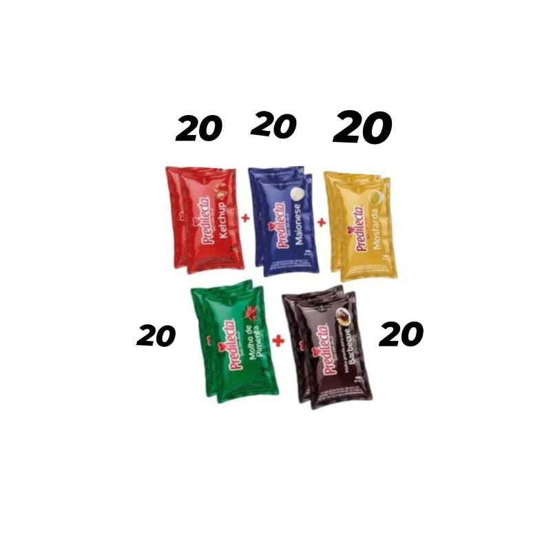 kit ketchup+mostarda+maionese+barbecue+molho de pimenta sachet predilecta