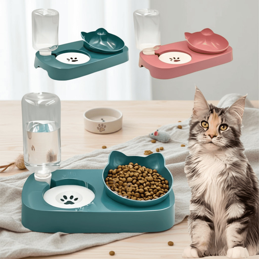 Comedouro e Bebedouro 2 em 1 Automático Pet Duplo Inclinado 250g/500ml para Cães e Gatos