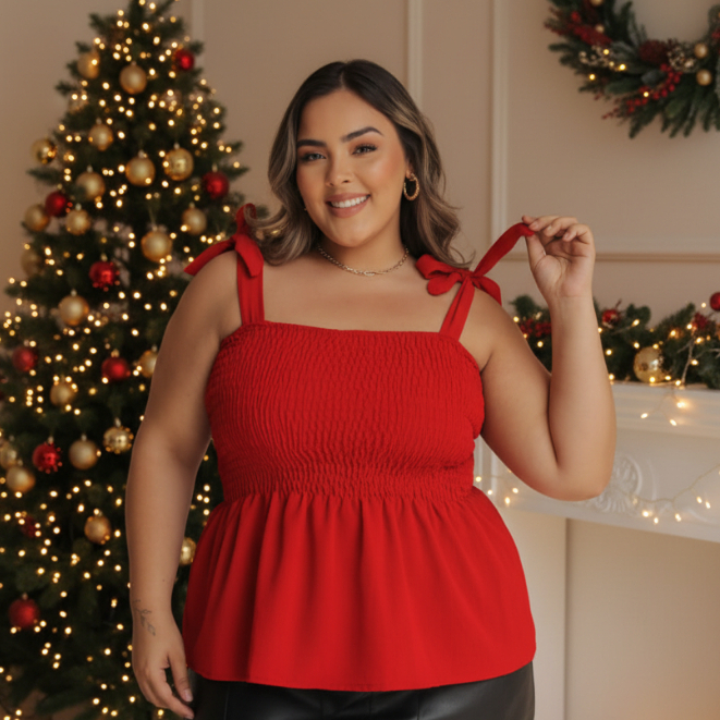 Blusinha Elegante Feminina Vermelha Natal Ano Novo Batinha Plus Size Soltinha Alça Regulável Confortável