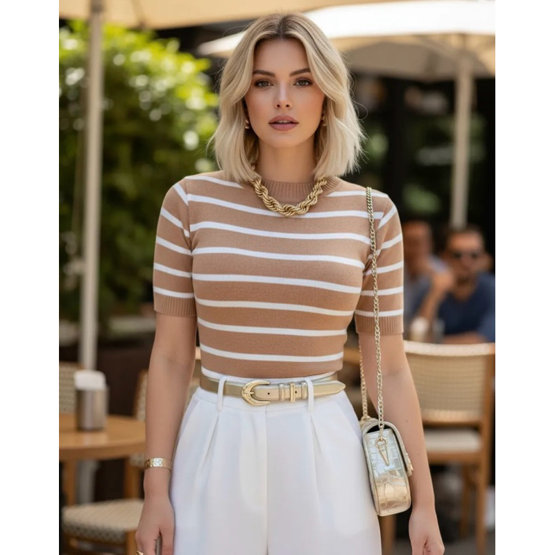 Blusa Tricô Modal Feminina Manga Curta Casual Listrada
