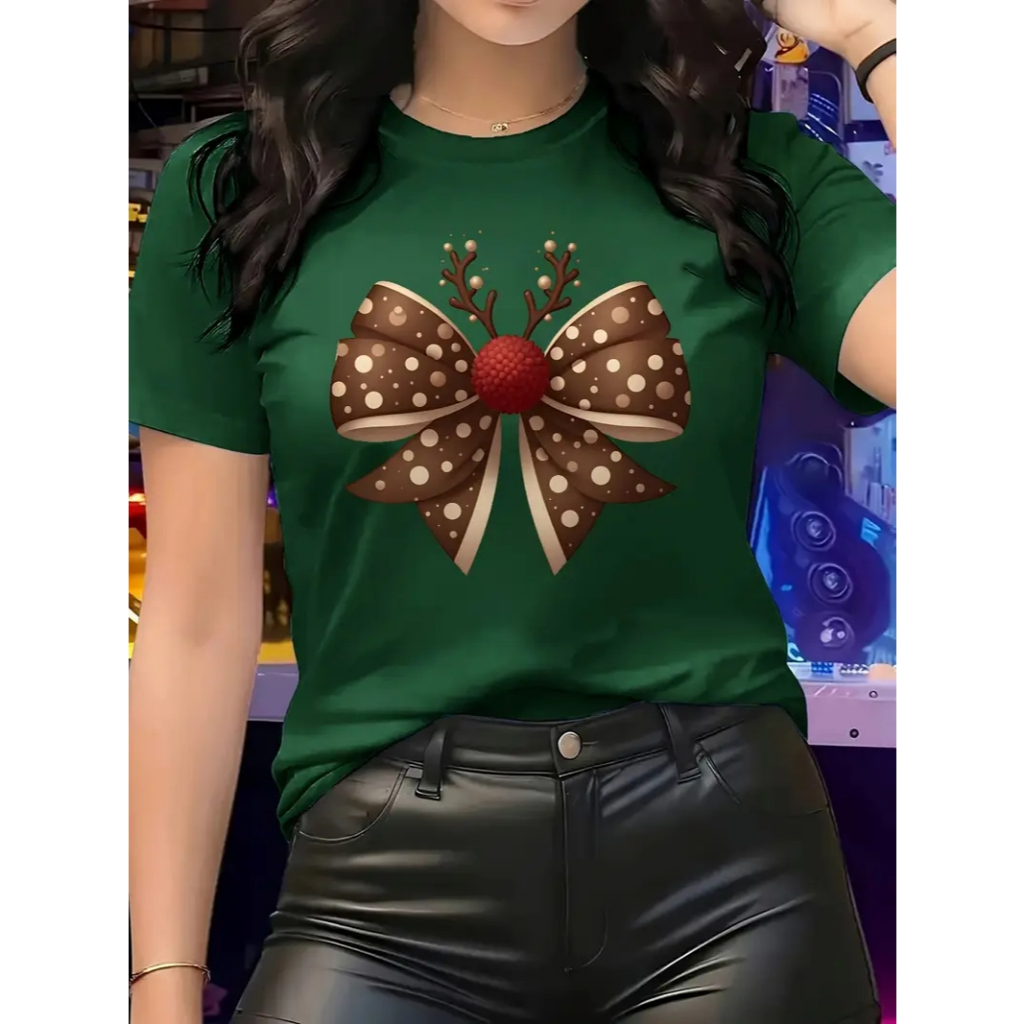 CAMISETA FEMININA ALGODÃO PREMIUM CONFORTAVEL ESTILO NATAL LAÇO MARROM BOLINHA