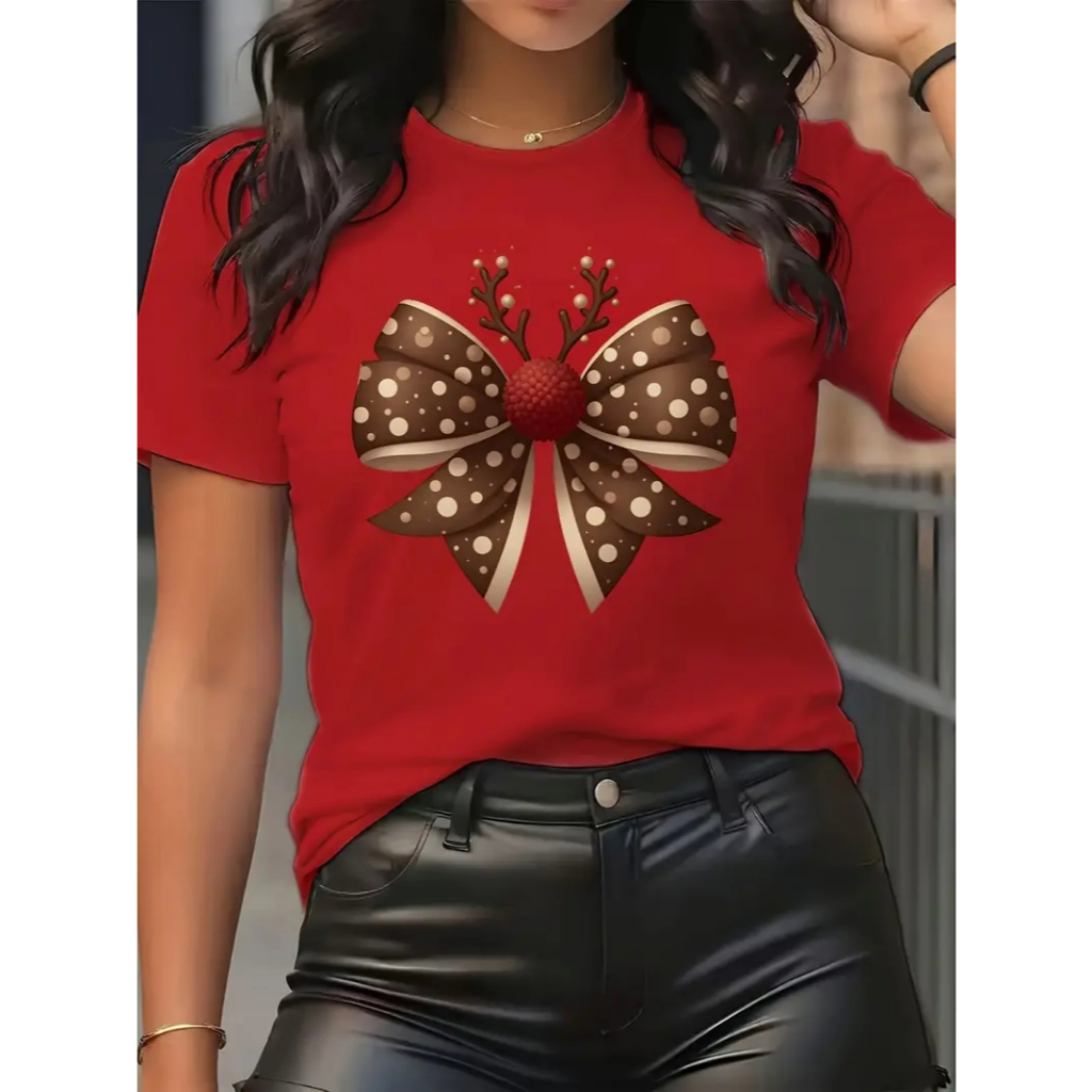 camiseta feminina algodão100% estilo casual look natal laço marrom bolinha