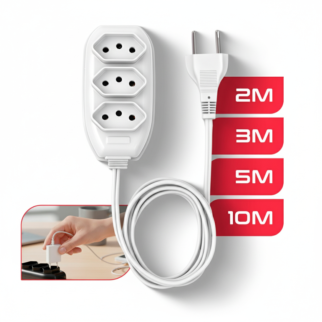 Extensão Elétrica 3 Tomadas Tripolar Bivolt 2 3 5 10 Metros Branco