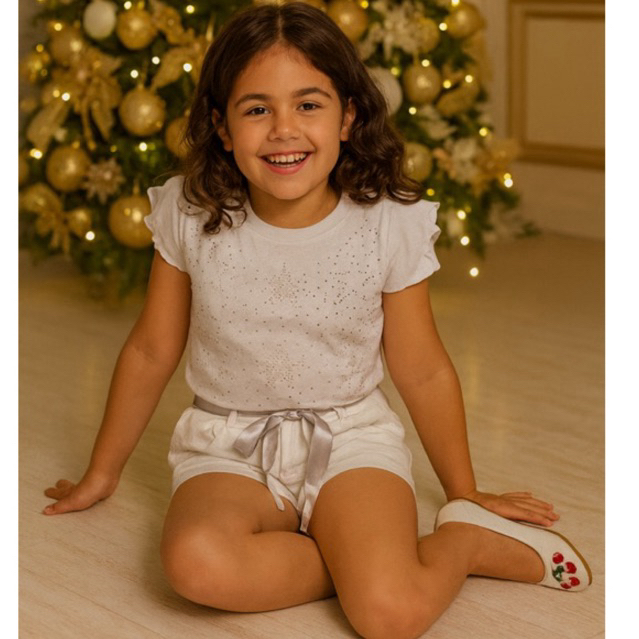 Conjunto de Menina  Blusa com Strass/Brilho e Shorts Branco com Fita Natal