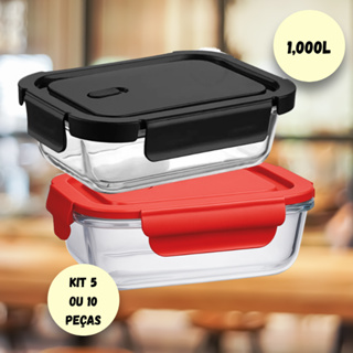 Kit 5 ou 10 Potes Vidro Hermético 1000ml Retangular 4 Travas  Preto ou Vermelho Premium em Oferta na Shopee