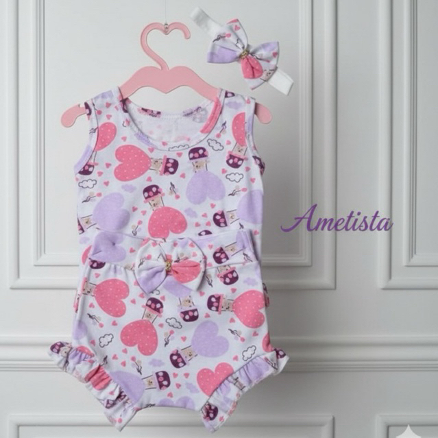 Conjunto Bebê Menina Blusinha e Short com Babados e Tiara com Lacinho Conjunto Estampado Bebe Menina