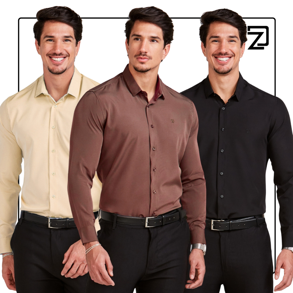 Camisa Social Masculina Slim Manga Longa 3 Peças em Oferta na Shopee