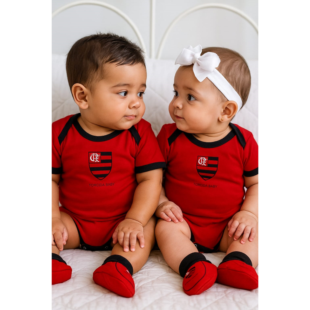 Kit Body Rubro Negro Pantufa Bebê Flamengo Torcida baby Kit 2 peças Unissex Licenciado Libertadores