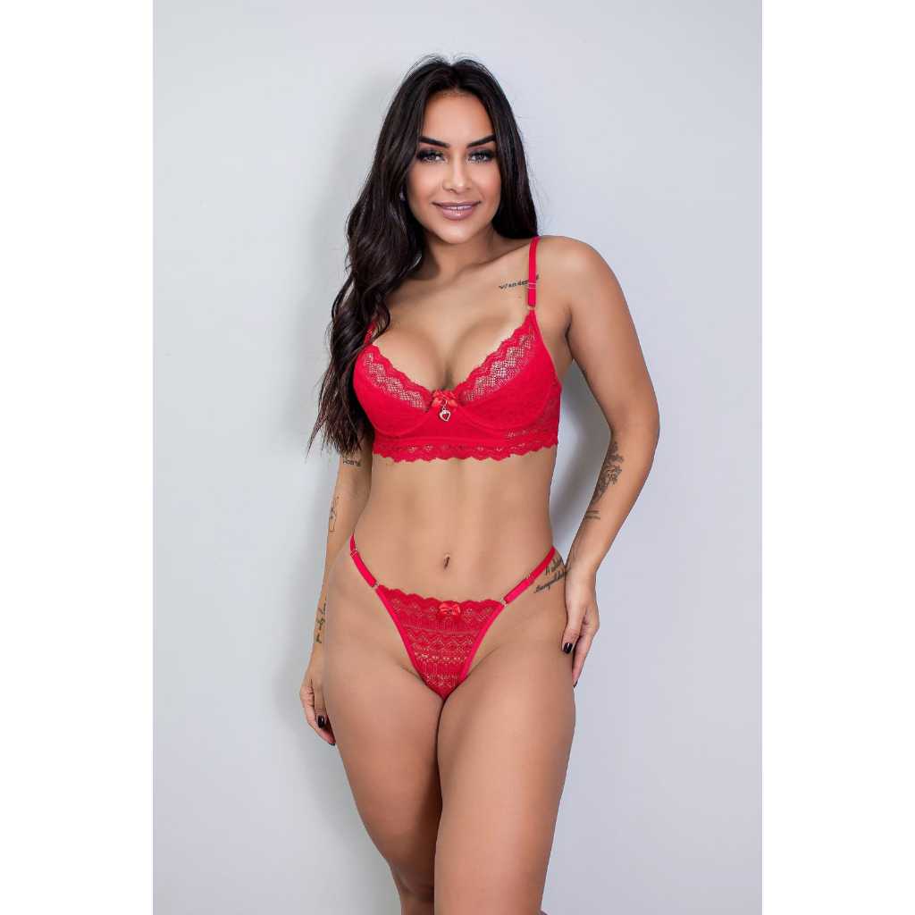 Conjunto Feminino Rendado+ Pingente+ Calcinha