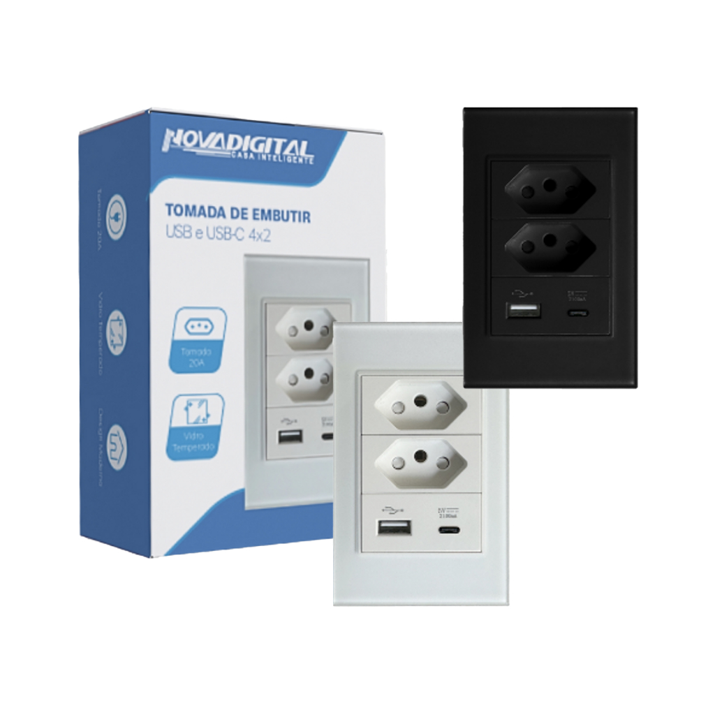 Tomada Dupla 20A + USB-C + USB-A 4x2 Embutir Vidro Temperado Luxo Novadigital Porta USB Carregador