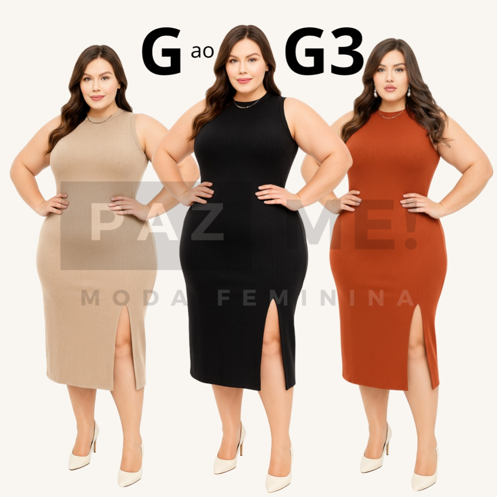 Vestido Midi PAZME Plus Size Regata Larga C/ Fenda Frontal em Oferta na Shopee