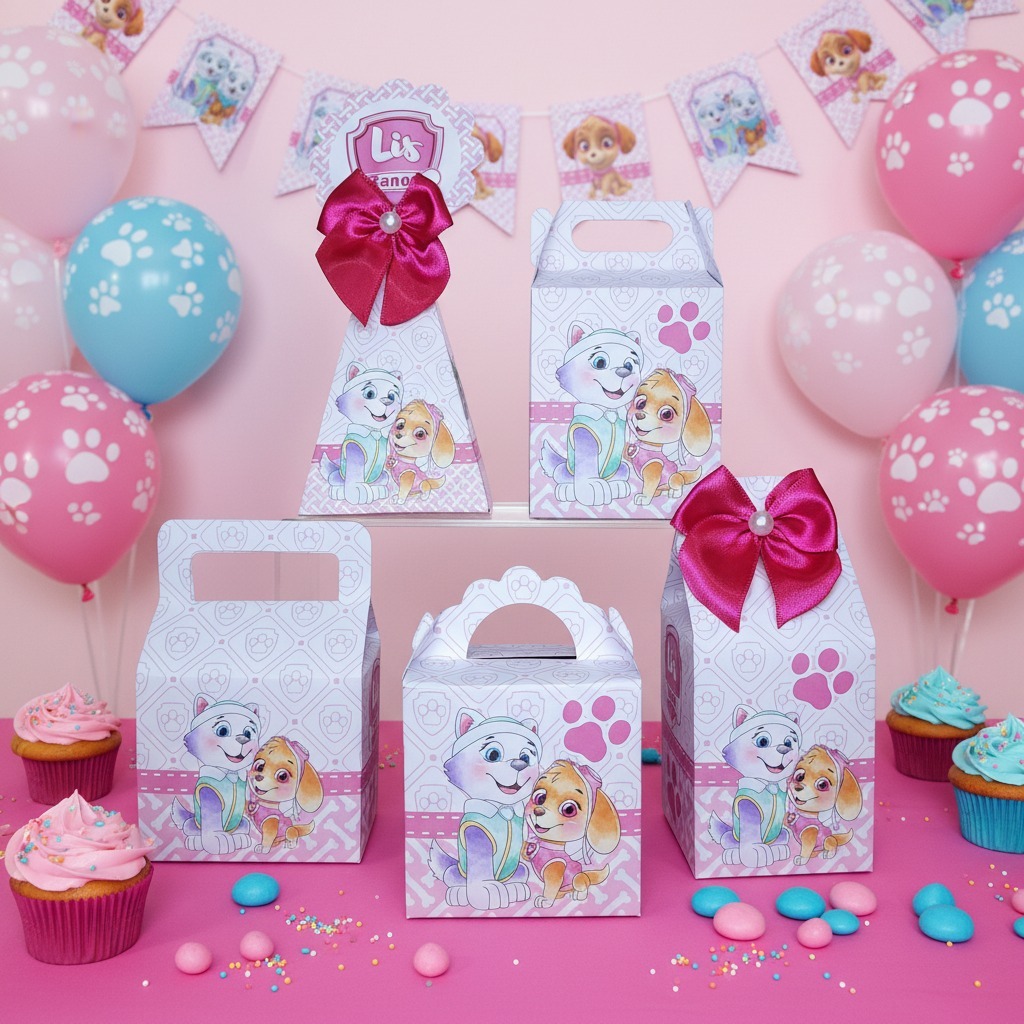 Kit Caixinhas Personalizadas Lembrancinhas Patrulha Canina Rosa aquarela.