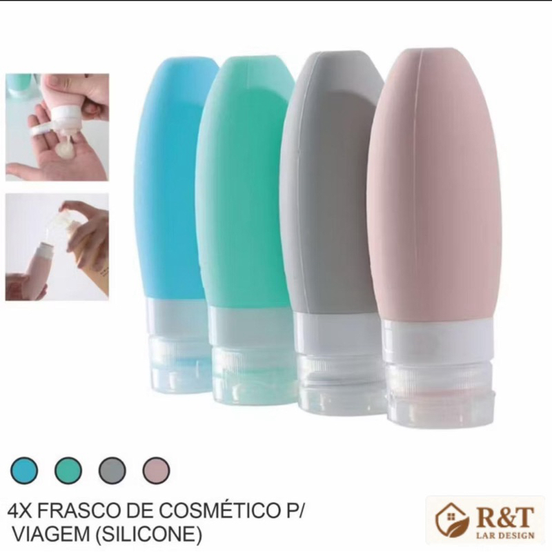 Kit 4 Frasco De Cosmetico 90ml Silicone Para Viagem Portatil Shampoo Creme Loçao Sabonete em Oferta na Shopee