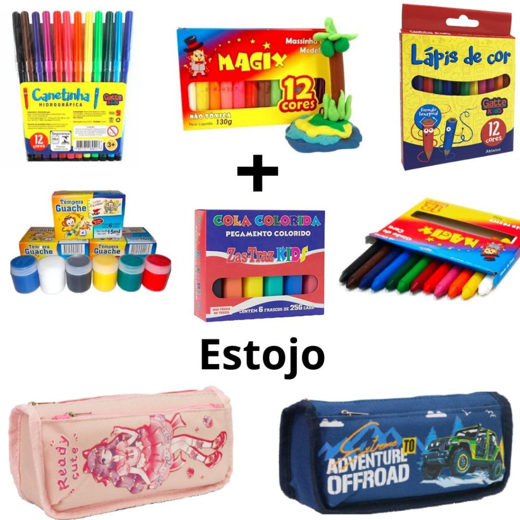 Material Escolar Kit Estojo e Canetinha Hidrográfica e Massinha e Gizão Giz e Tinta Guache e Cola Colorida e Lápis Cor